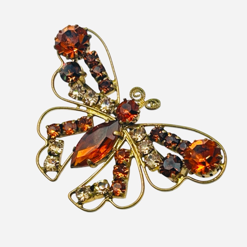 Vintage West Germany Topaz Rhinestone Butterfly Brooch